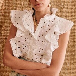 Sézane White Chiara Eyelet Ruffled Cotton Blouse Tank